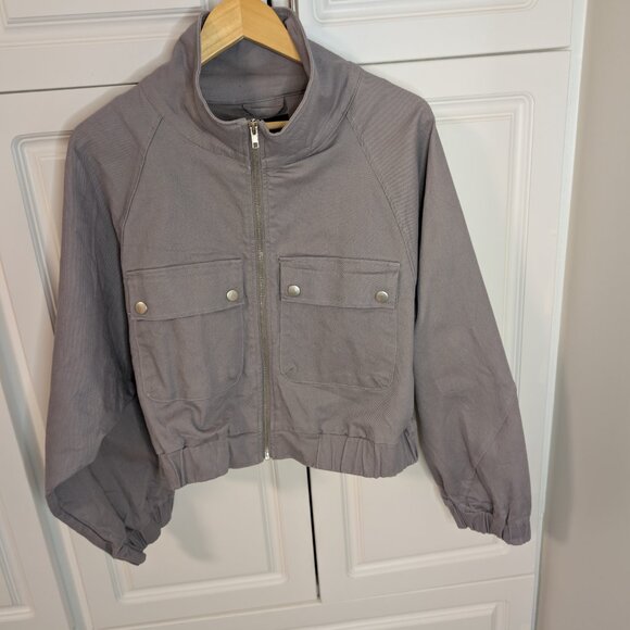 Lulus Grey/Lilac Cropped Utility Bomber Military Style Jacket | Women’s Medium - Picture 3 of 11